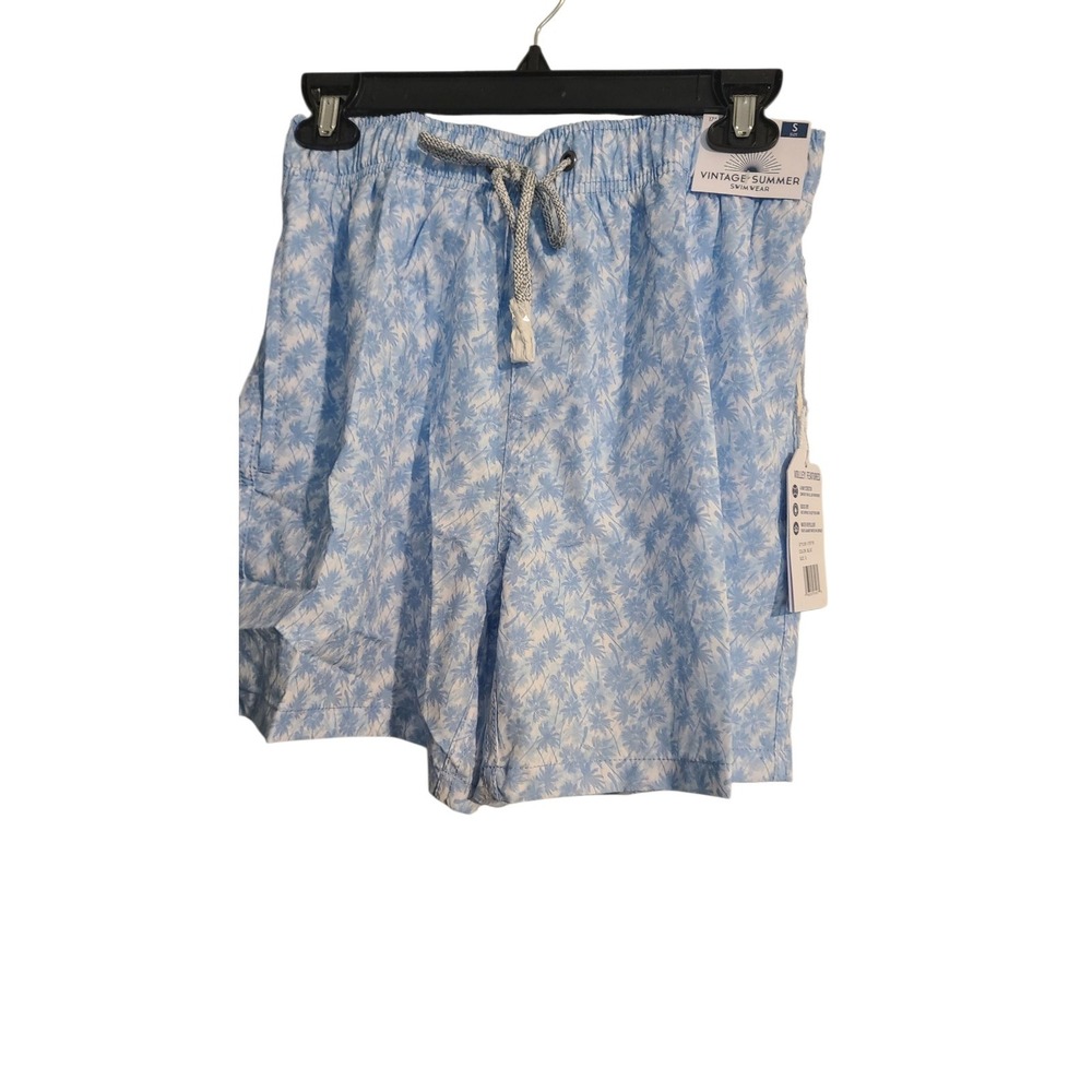 Mens Small Vintage Summer Swimwear Swim Trunks 17in Length Beach Pool Blue/White
